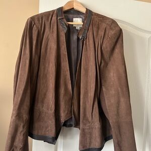 Sejour Brown Suede Open-Front Leather Jacket with Buckle Collar